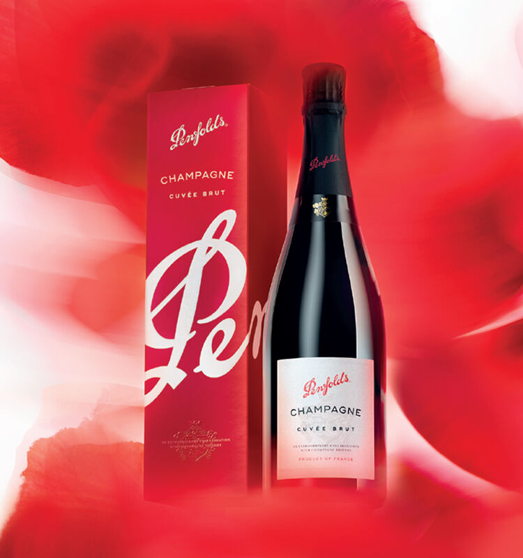 Penfolds Champagne Bottle with Gift Box on red background