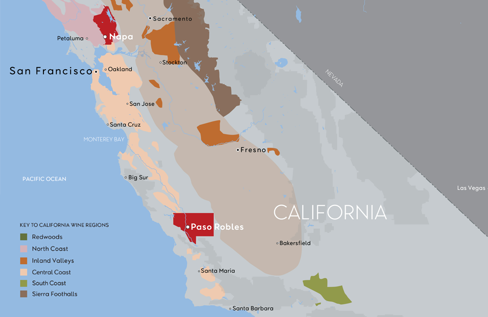 Map of California.  Key Penfolds sourcing regions are labelled