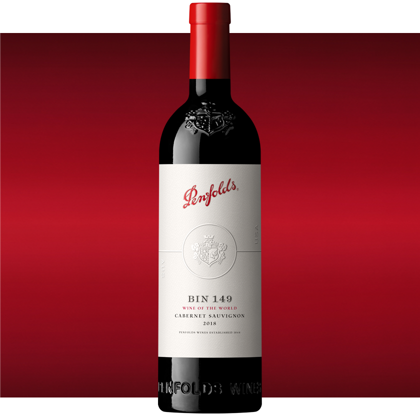 Bin 149 Cabernet 750ml bottle with red background