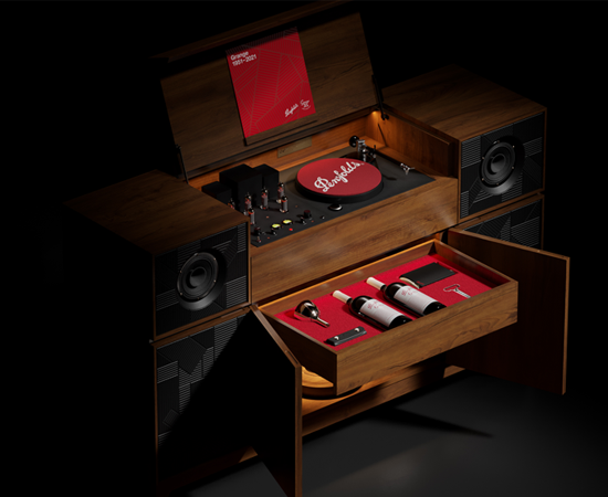 Penfolds limited edition record player against black background